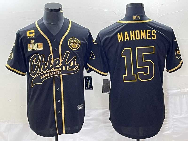 Mens Kansas City Chiefs #15 Patrick Mahomes Black Gold C Patch Super Bowl LVII Cool Base Stitched Baseball Jersey->kansas city chiefs->NFL Jersey